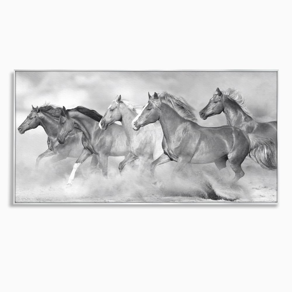 Tablou canvas cu tablou canvas cu cai in galop, in rama de aluminiu argintiu