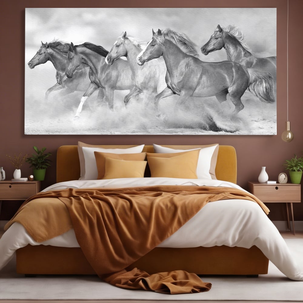 Tablou canvas cu tablou canvas cu cai in galop, fara rama, pe sasiu de lemn, pe perete intr-un dormitor