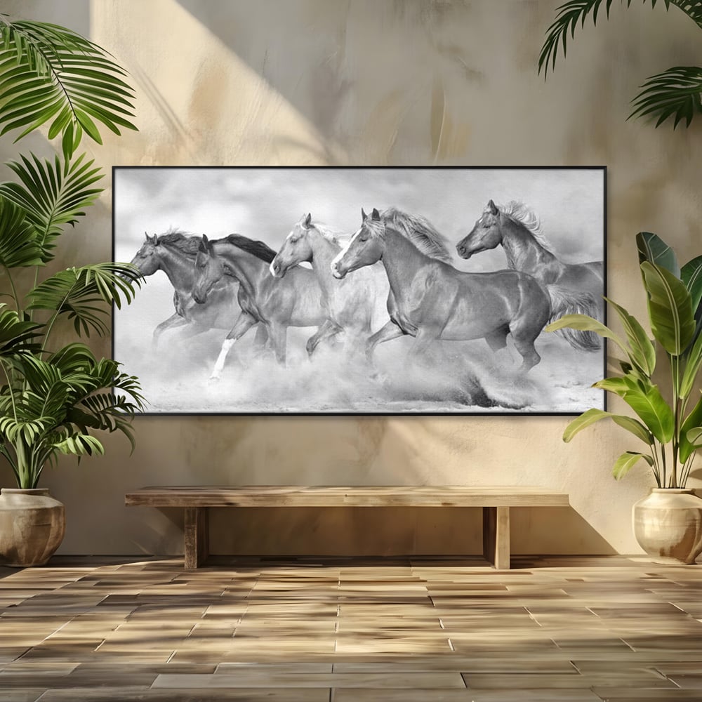 Tablou canvas cu tablou canvas cu cai in galop, in rama de aluminiu negru