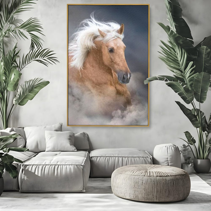 Tablou canvas cu tablou cu armasar in galop si coama alba, in rama de aluminiu auriu, pe perete intr-un living