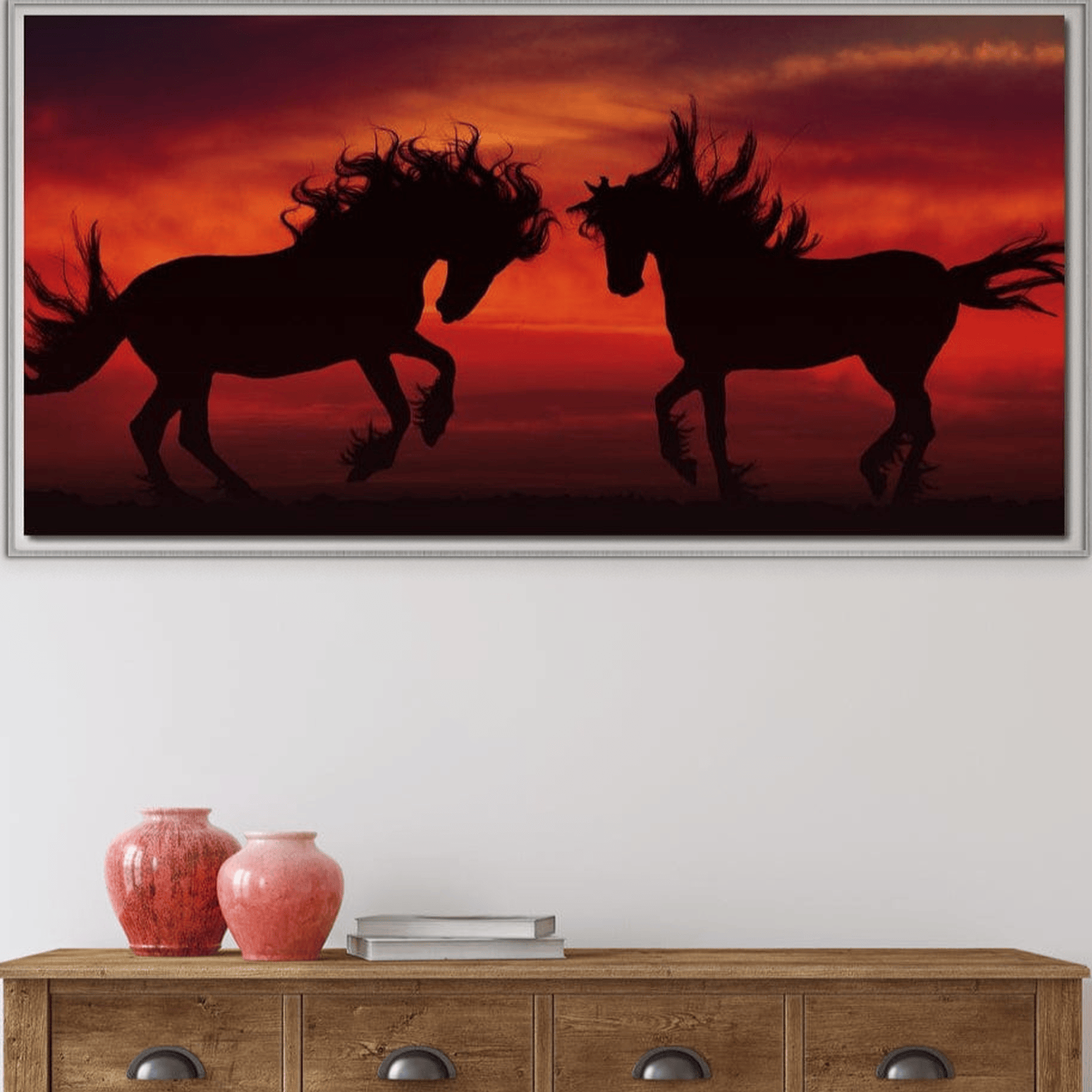 Tablou Canvas Premium, LuxCanva® M1350, Dans in Flacarile Apusului, Siluete, Cai, Umbre, Dans, Apus, Orizont, Cer, Rosu, Spirit, Libertate, Birou, Living, Camera Copil