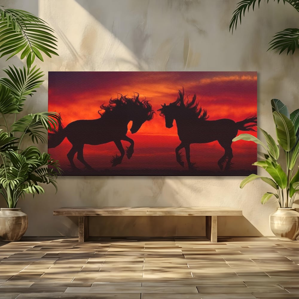 Tablou canvas cu tablou canvas cu siluete de cai in apus, fara rama, pe sasiu de lemn