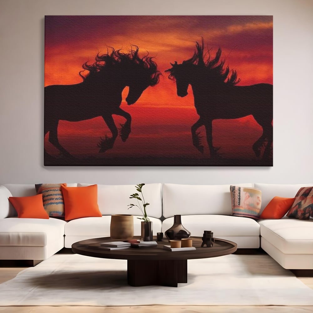 Tablou canvas cu tablou canvas cu siluete de cai in apus, fara rama, pe sasiu de lemn, pe perete intr-un living