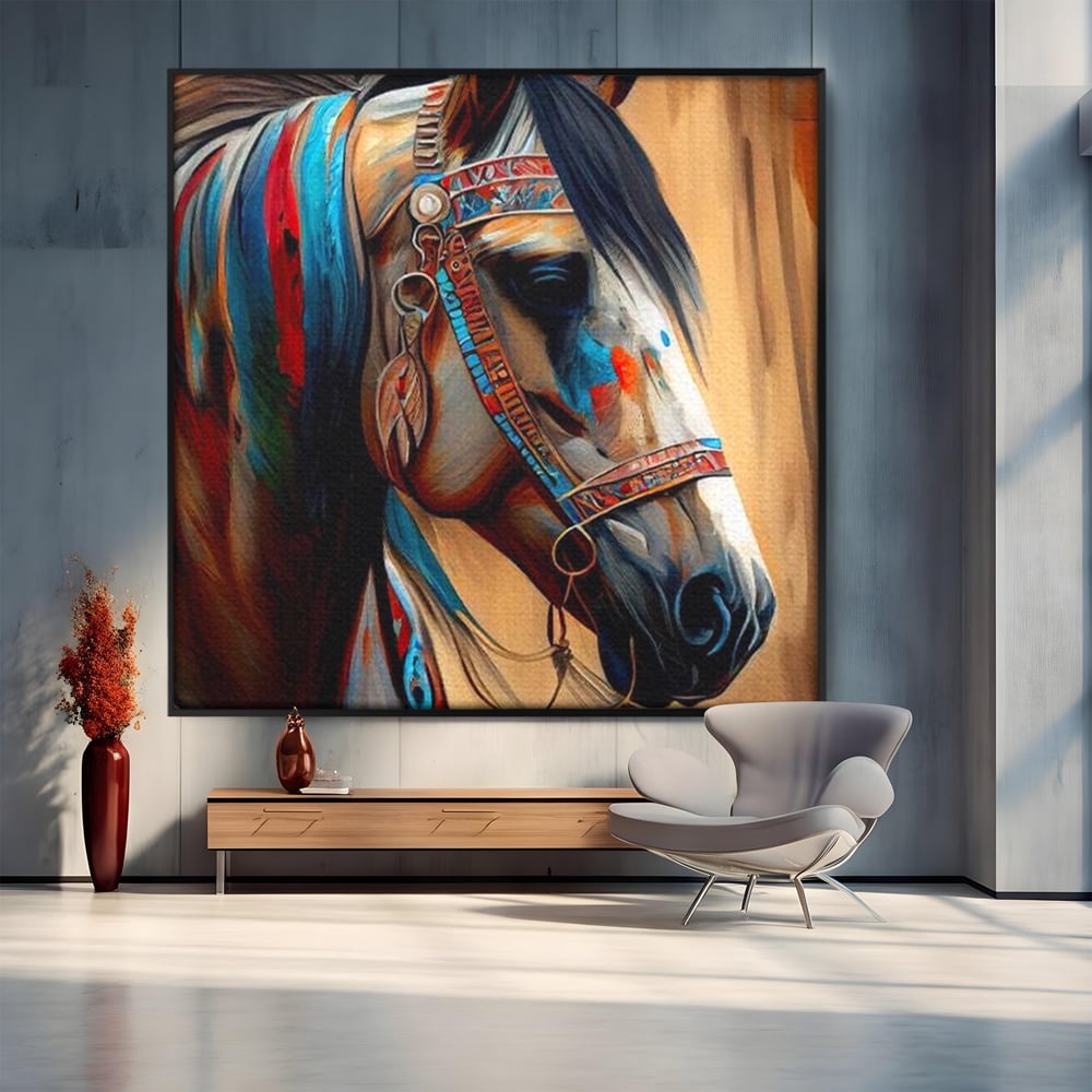 Tablou canvas cu portret de cal in stil pictura, in rama de aluminiu negru