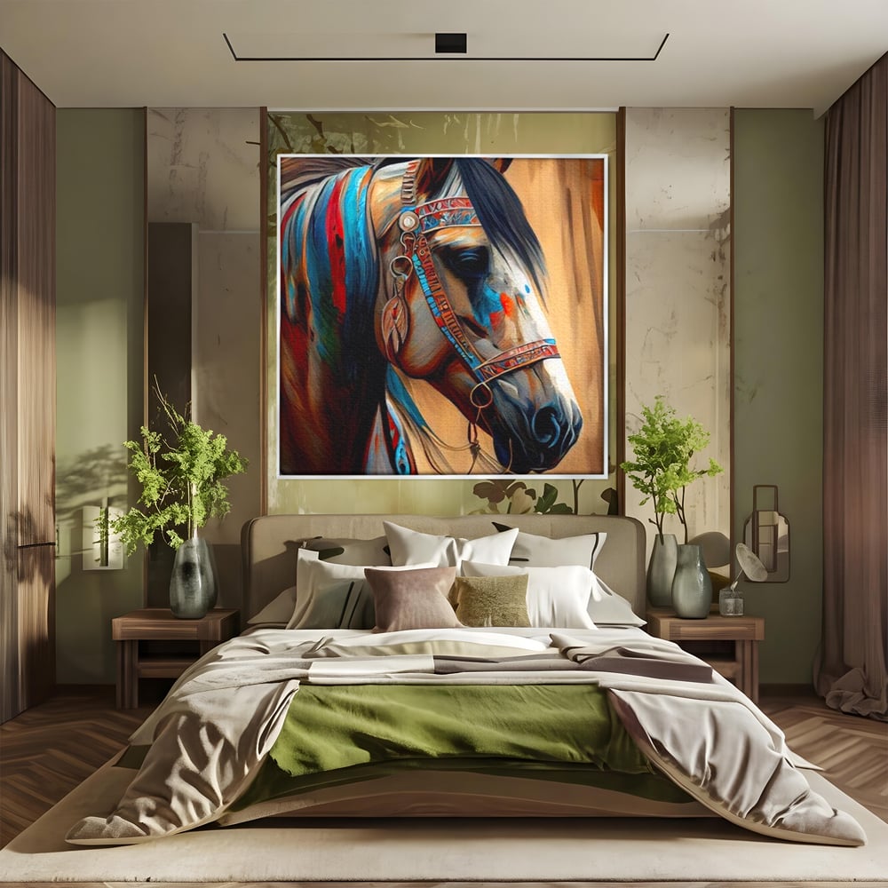 Tablou canvas cu portret de cal in stil pictura, in rama de aluminiu argintiu, pe perete intr-un dormitor