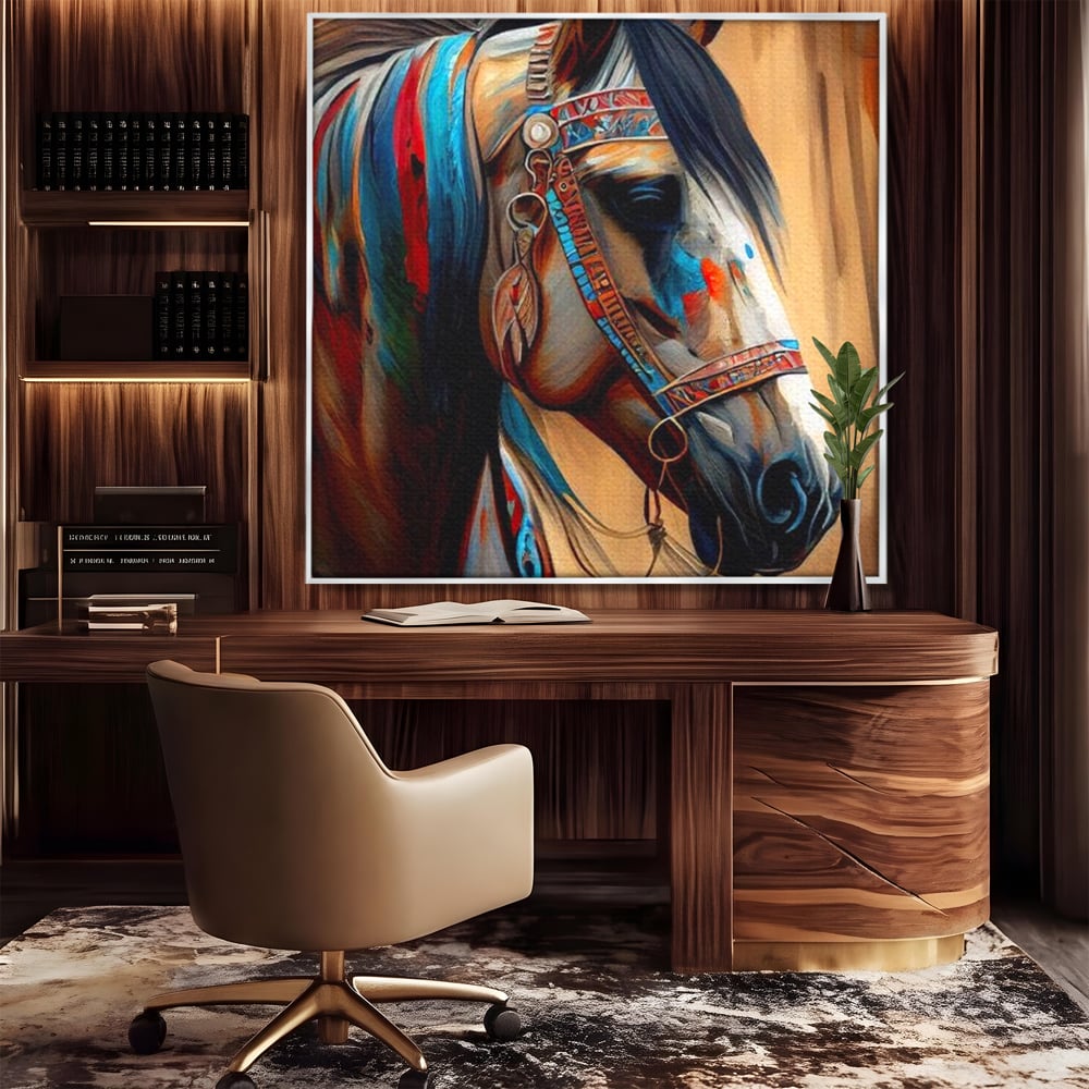 Tablou canvas cu portret de cal in stil pictura, in rama de aluminiu argintiu, pe perete intr-un birou