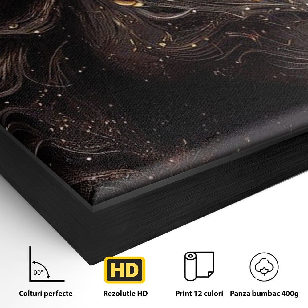 Detaliu al suprafetei: portret de unicorn negru cu detalii aurii, in rama de aluminiu negru