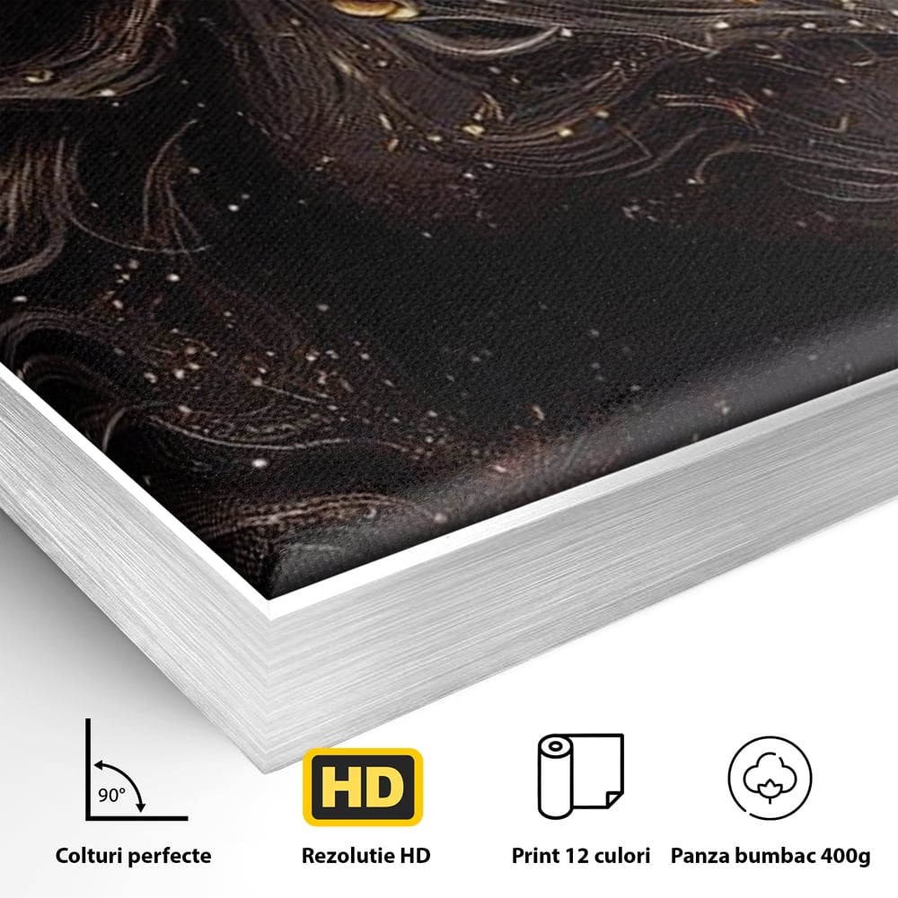 Detaliu al suprafetei: portret de unicorn negru cu detalii aurii, in rama de aluminiu argintiu