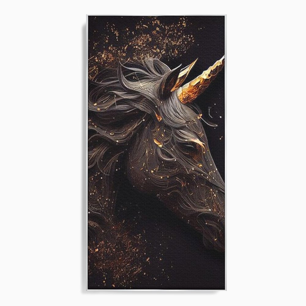 Tablou canvas cu portret de unicorn negru cu detalii aurii, in rama de aluminiu argintiu