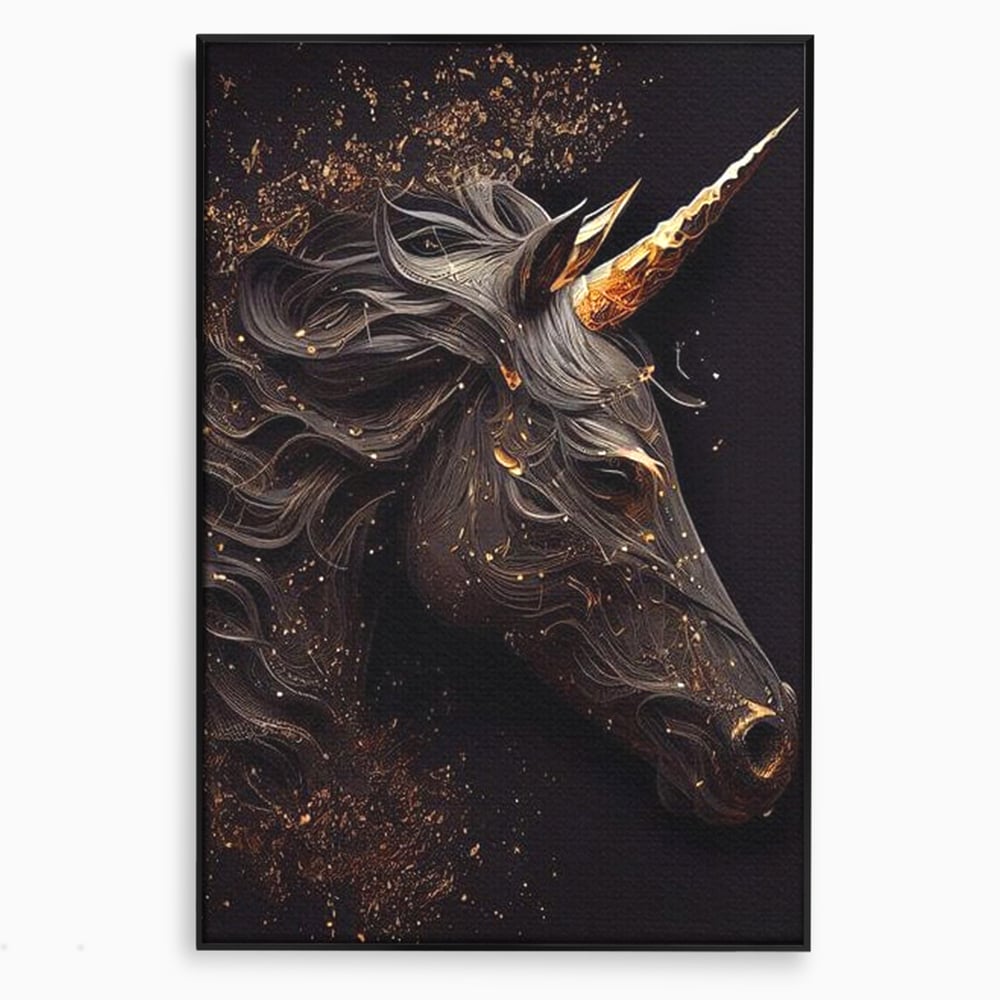 Tablou canvas cu portret de unicorn negru cu detalii aurii, in rama de aluminiu negru