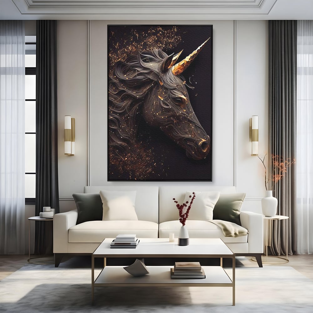 Tablou canvas cu portret de unicorn negru cu detalii aurii, in rama de aluminiu negru, pe perete intr-un living