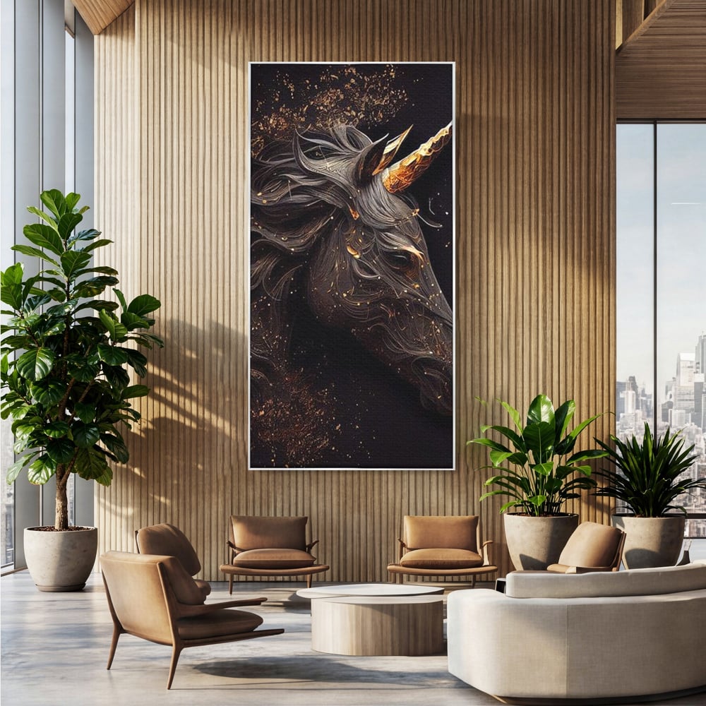 Tablou canvas cu portret de unicorn negru cu detalii aurii, in rama de aluminiu argintiu, pe perete intr-un birou