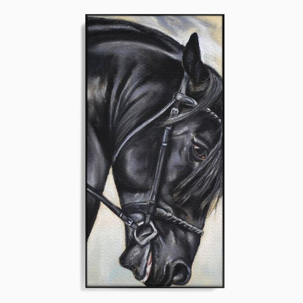 Tablou canvas cu tablou canvas cu pictura de armasar negru in profil, in rama de aluminiu negru