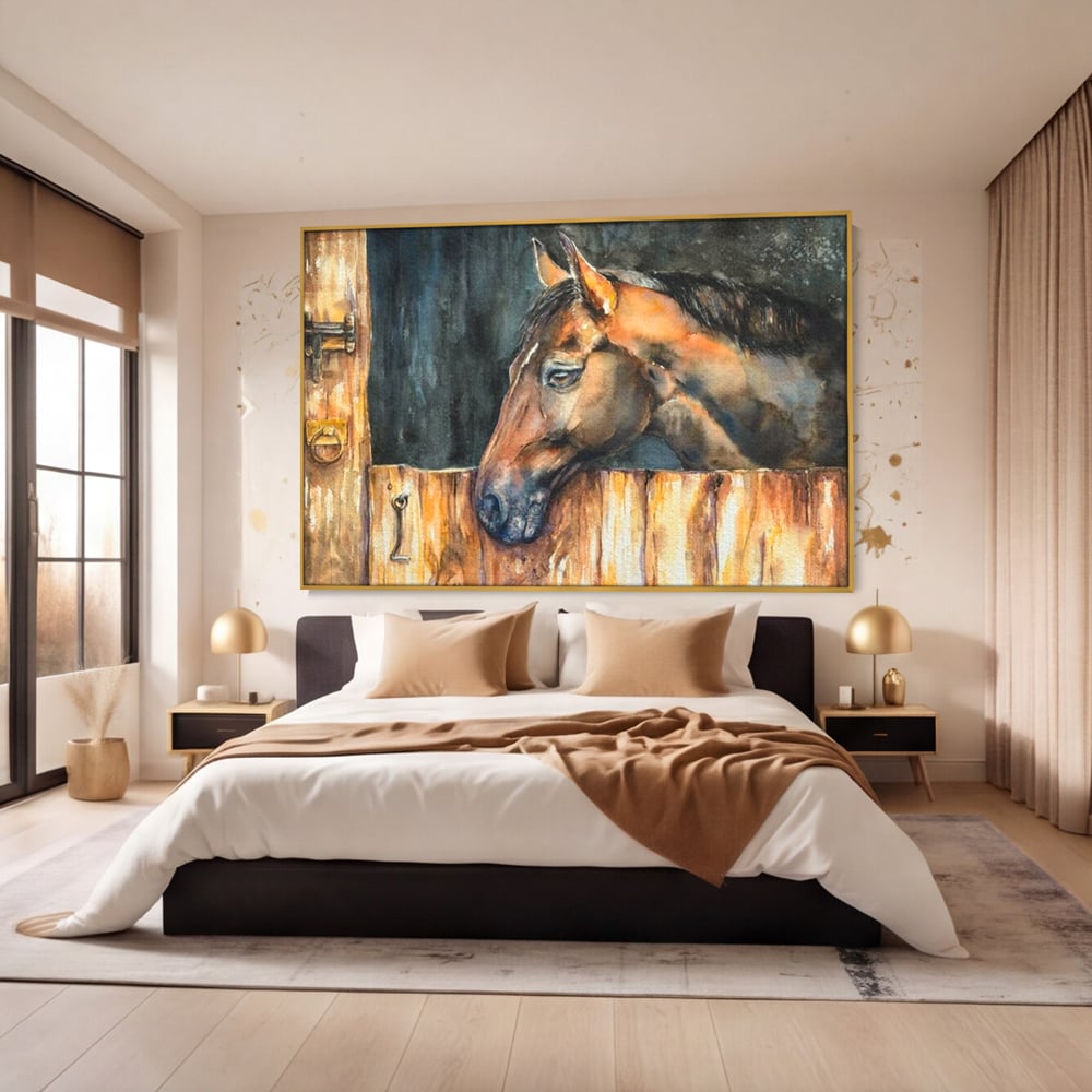 Tablou canvas cu pictura cu un cal brun in hambar, in rama de aluminiu auriu, pe perete intr-un dormitor
