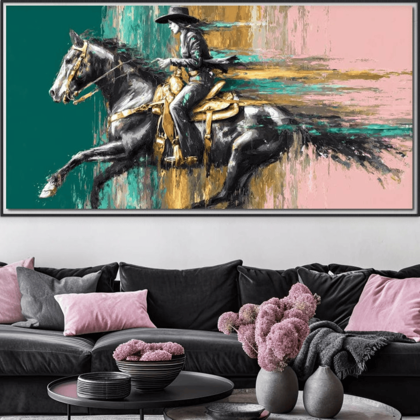 Tablou Canvas Premium, LuxCanva® M1357, Calaret Pierdut in Culoare, Armasar, Galop, Viteza, Pictura, Palarie, Femeie, Cowboy, Culoare, Copite, Birou, Living, Camera Copil