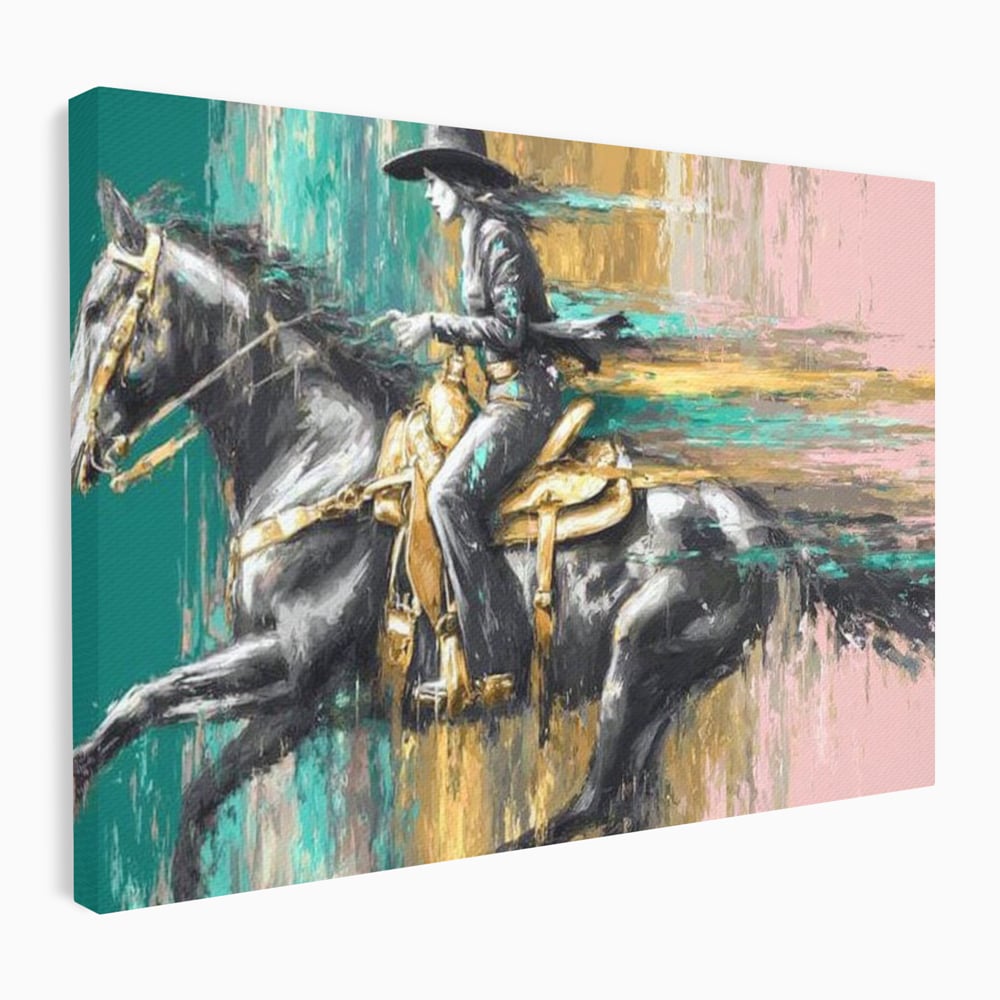 Tablou canvas cu pictura cu femeie calare pe armasar, fara rama, pe sasiu de lemn