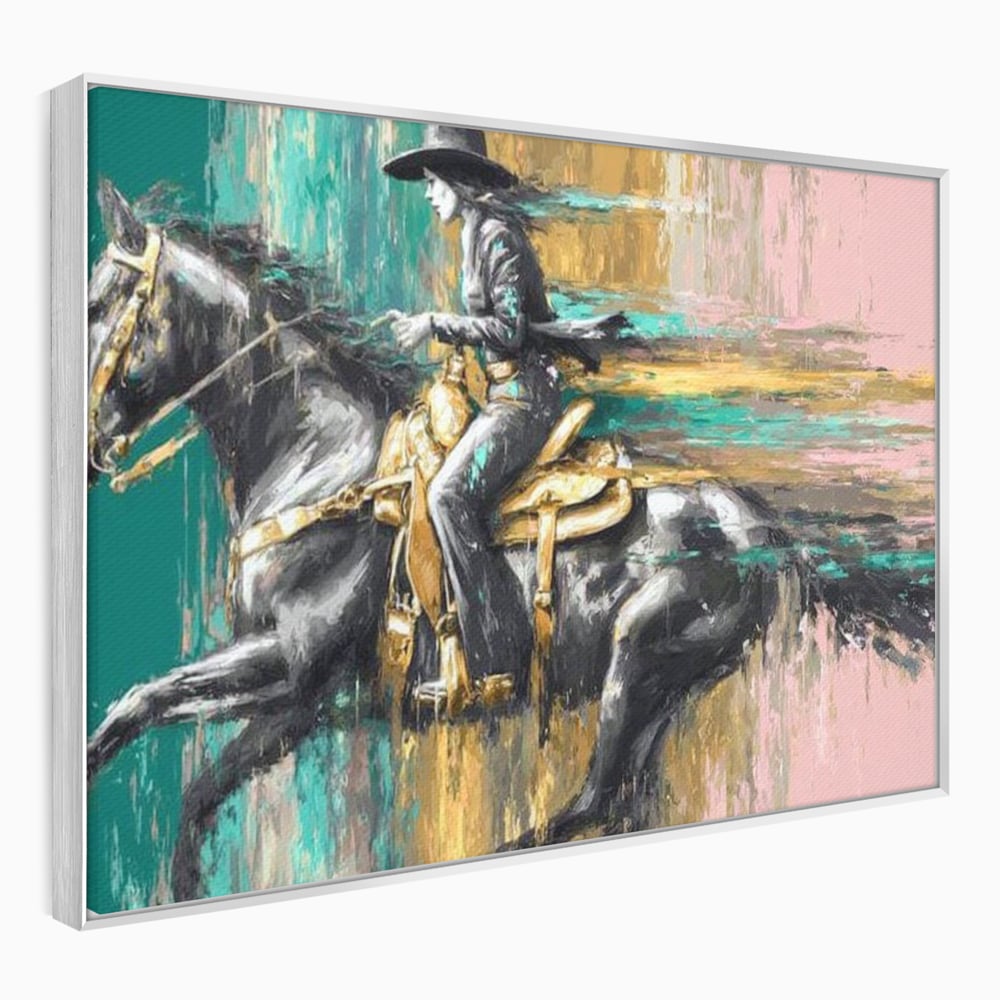 Tablou canvas cu pictura cu femeie calare pe armasar, in rama de aluminiu argintiu