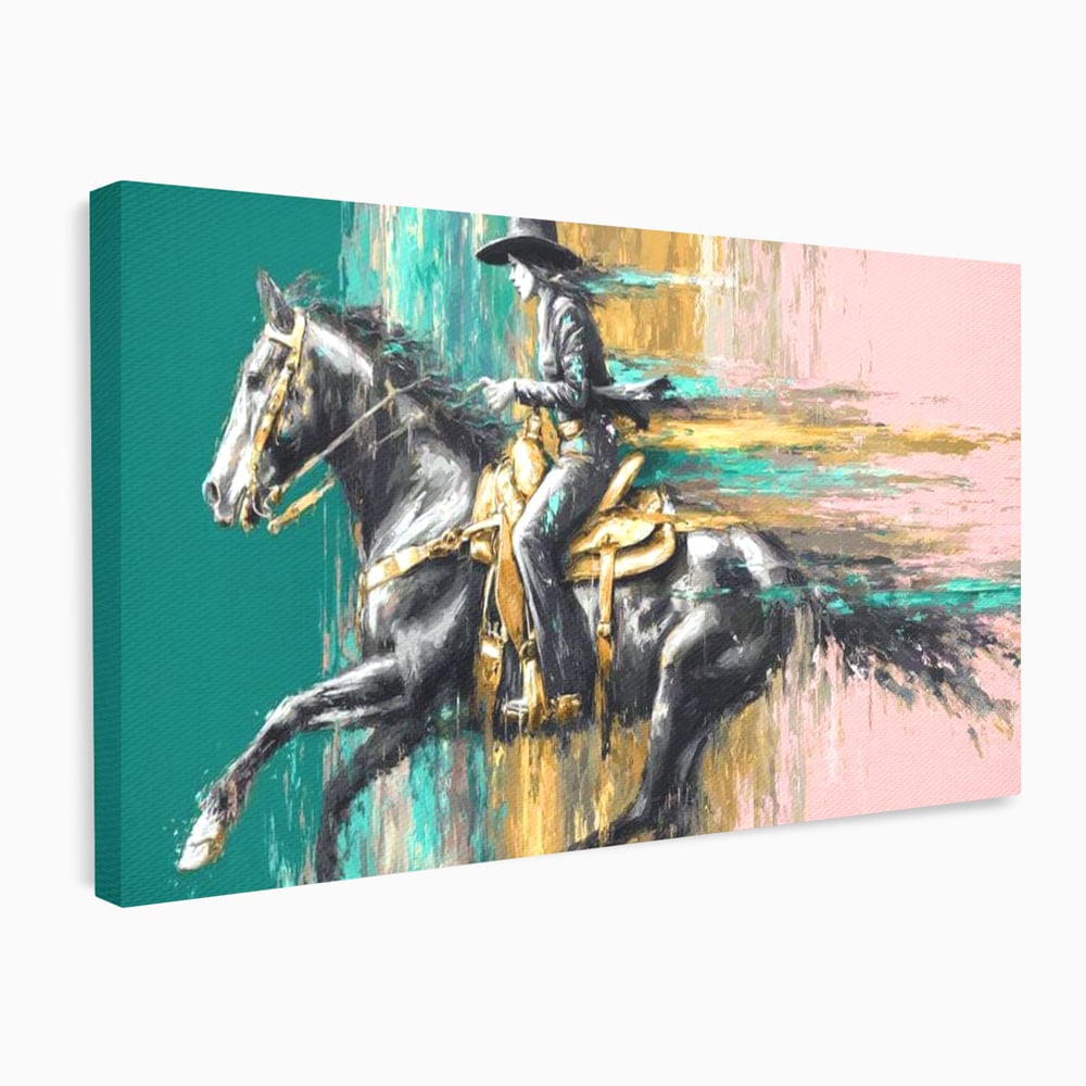 Tablou canvas cu pictura cu femeie calare pe armasar, fara rama, pe sasiu de lemn