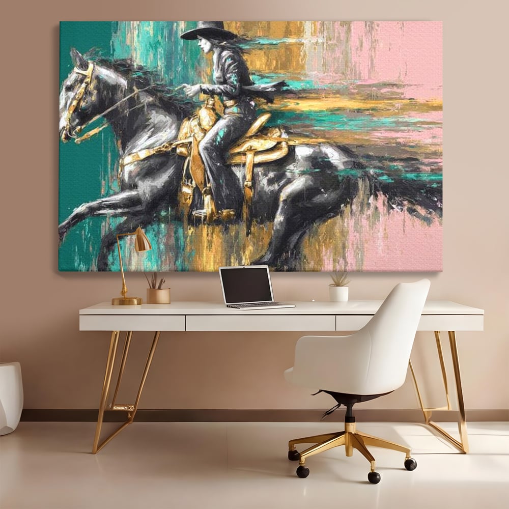 Tablou canvas cu pictura cu femeie calare pe armasar, fara rama, pe sasiu de lemn, pe perete intr-un birou