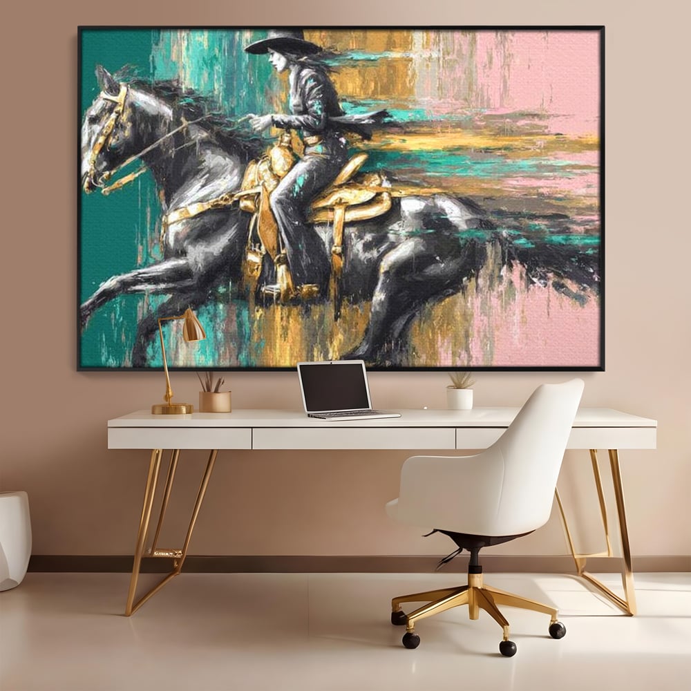 Tablou canvas cu pictura cu femeie calare pe armasar, in rama de aluminiu negru, pe perete intr-un birou