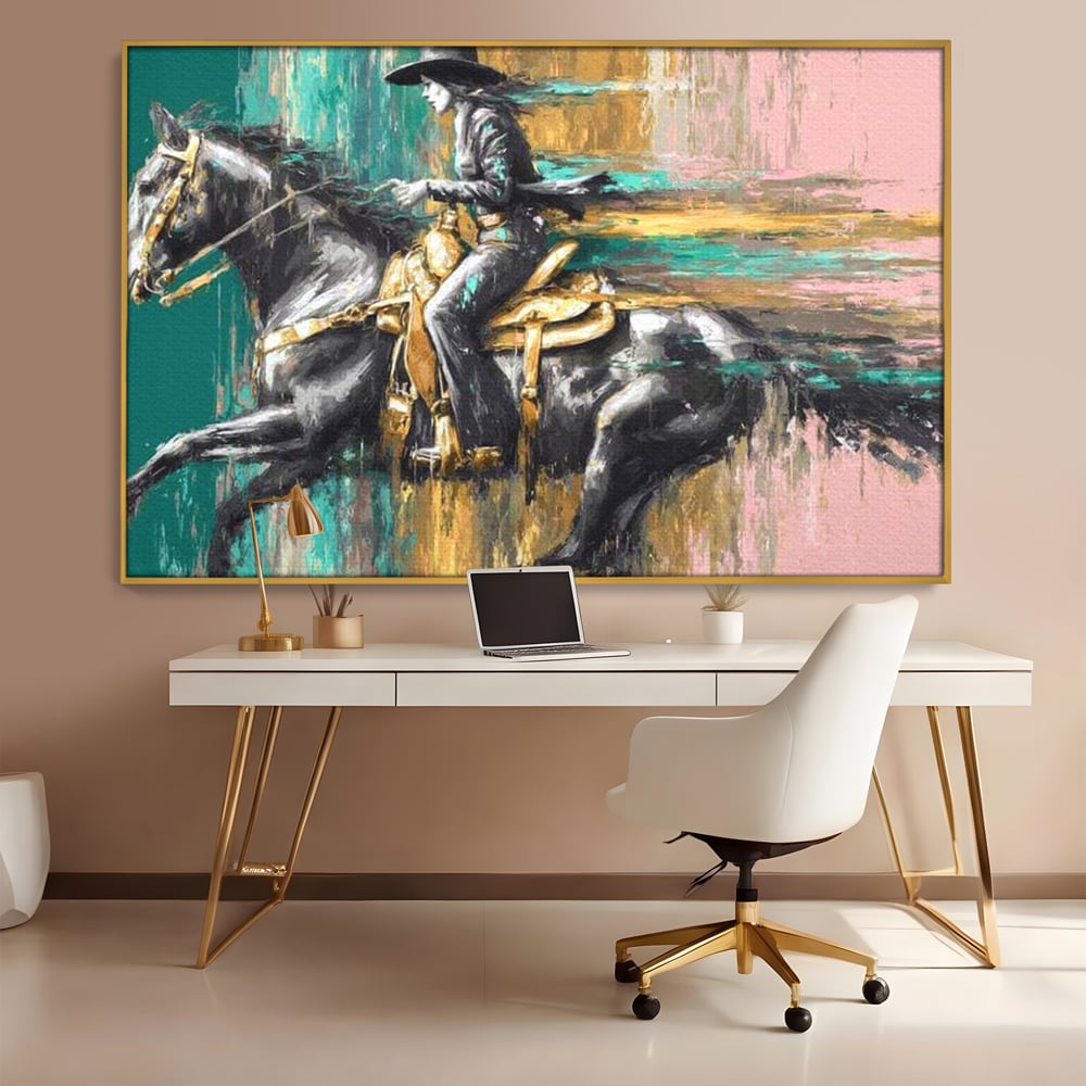 Tablou canvas cu pictura cu femeie calare pe armasar, in rama de aluminiu auriu, pe perete intr-un birou