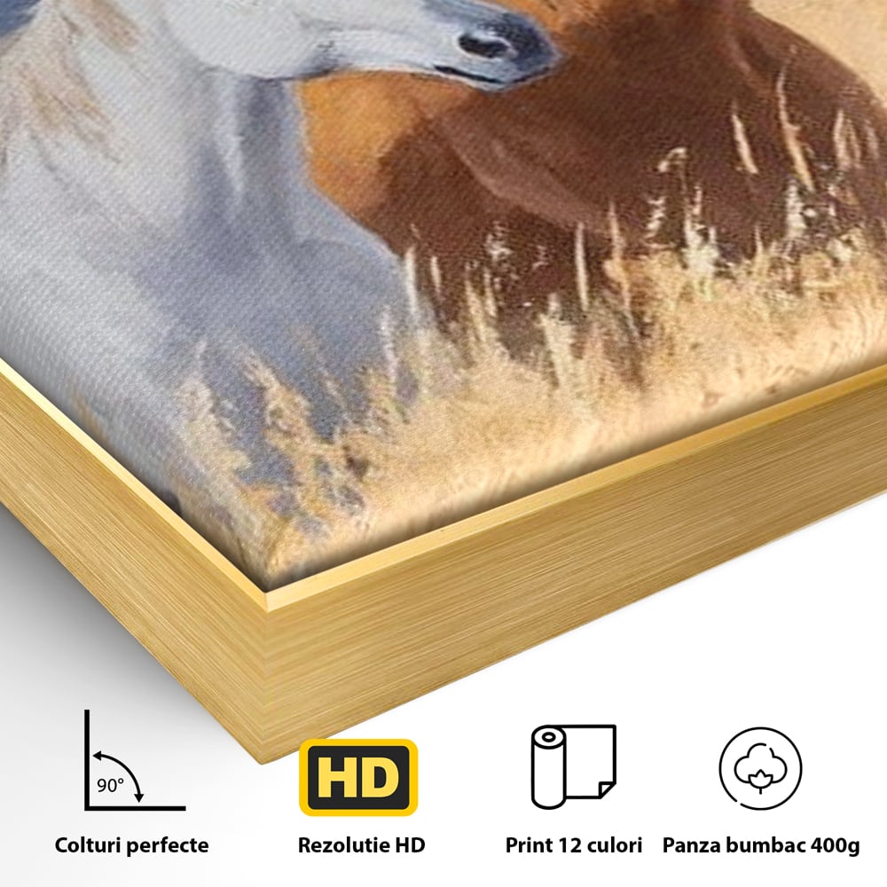 Detaliu al suprafetei: tablou canvas cu doi cai in lan, in rama de aluminiu auriu