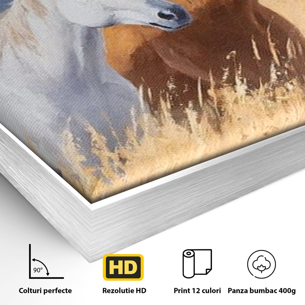 Detaliu al suprafetei: tablou canvas cu doi cai in lan, in rama de aluminiu argintiu