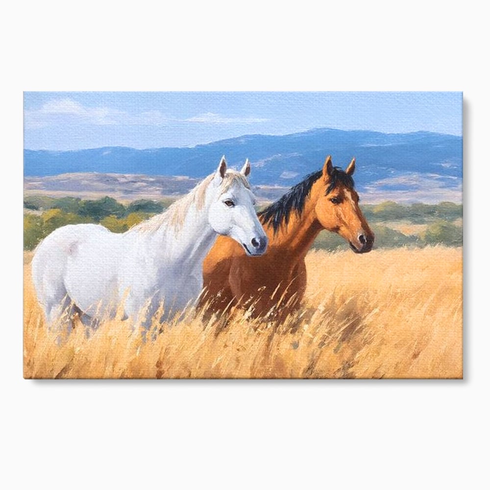 Tablou canvas cu tablou canvas cu doi cai in lan, fara rama, pe sasiu de lemn