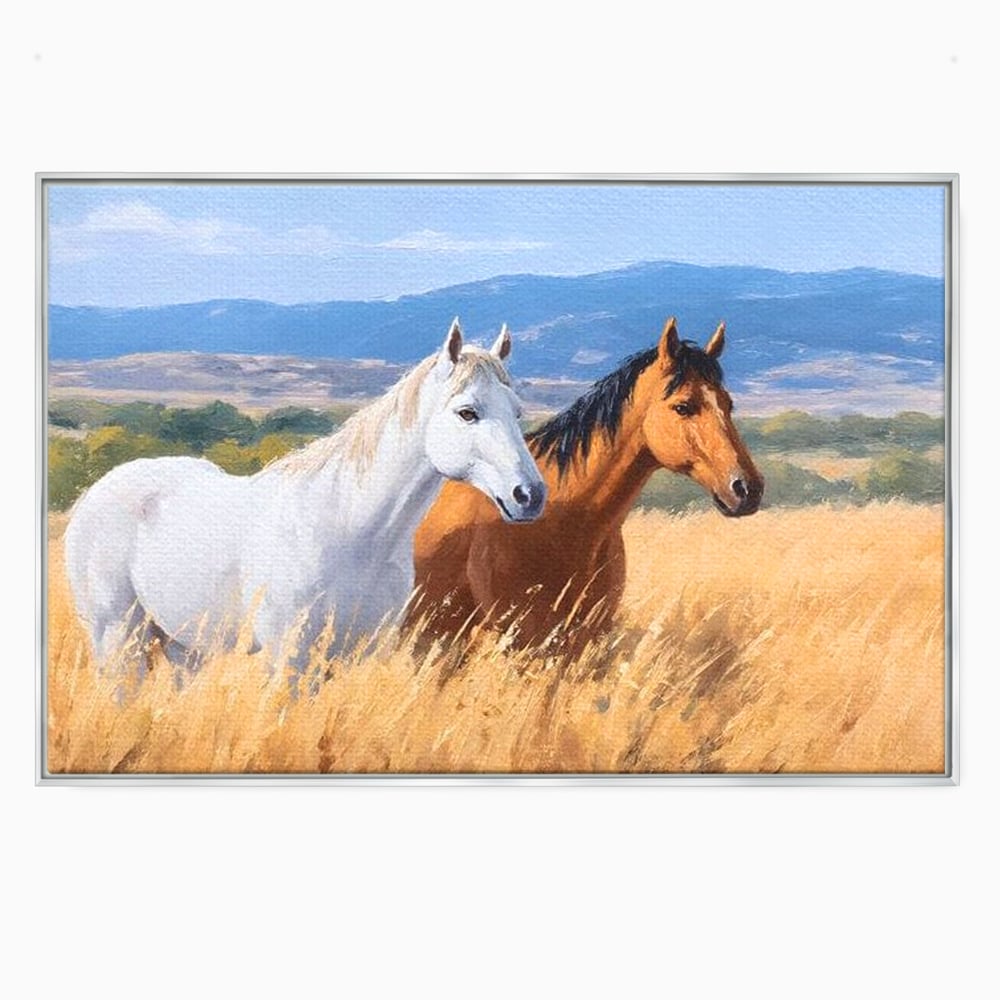 Tablou canvas cu tablou canvas cu doi cai in lan, in rama de aluminiu argintiu