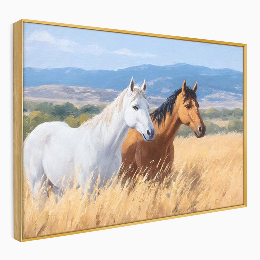 Tablou canvas cu tablou canvas cu doi cai in lan, in rama de aluminiu auriu