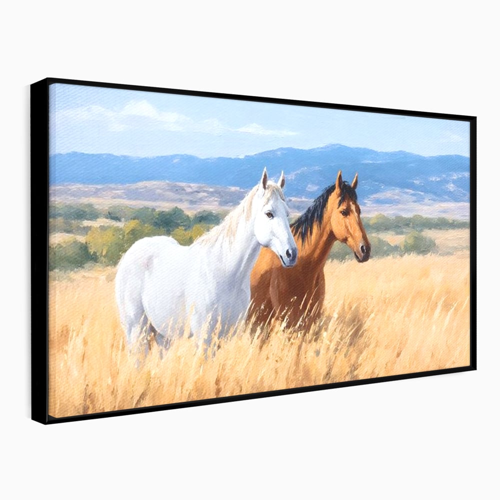 Tablou canvas cu tablou canvas cu doi cai in lan, in rama de aluminiu negru