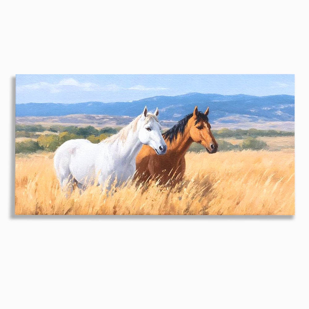 Tablou canvas cu tablou canvas cu doi cai in lan, fara rama, pe sasiu de lemn