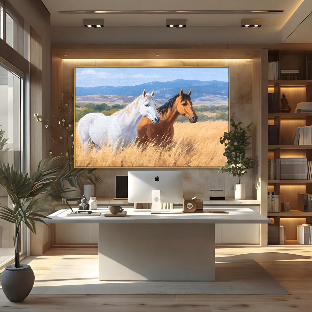 Tablou canvas cu tablou canvas cu doi cai in lan, in rama de aluminiu auriu, pe perete intr-un birou