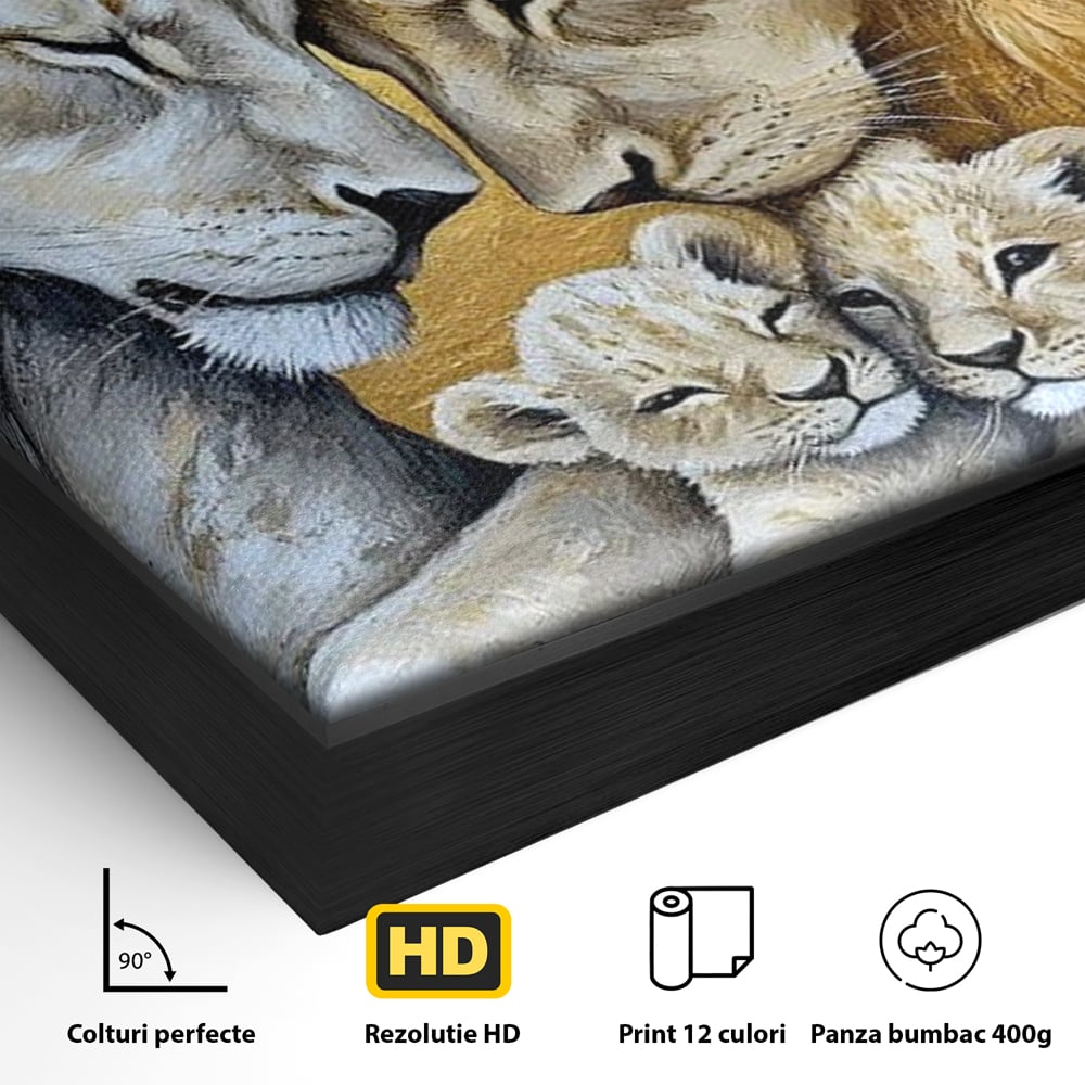 Detaliu al suprafetei: tablou canvas cu familie de lei pictata, in rama de aluminiu negru