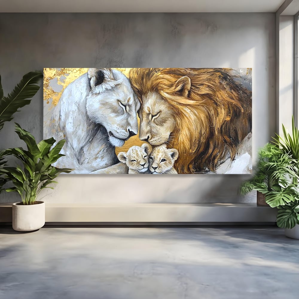 Tablou canvas cu tablou canvas cu familie de lei pictata, fara rama, pe sasiu de lemn