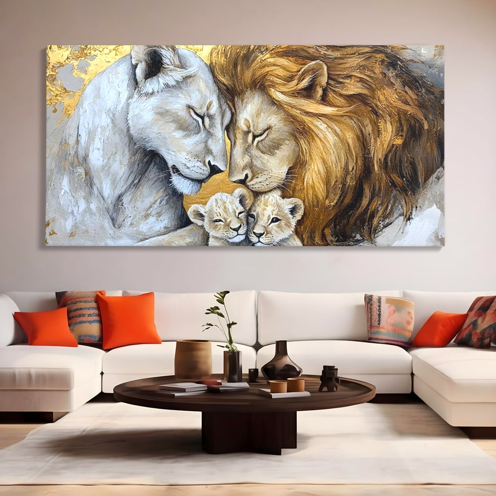 Tablou canvas cu tablou canvas cu familie de lei pictata, fara rama, pe sasiu de lemn, pe perete intr-un living