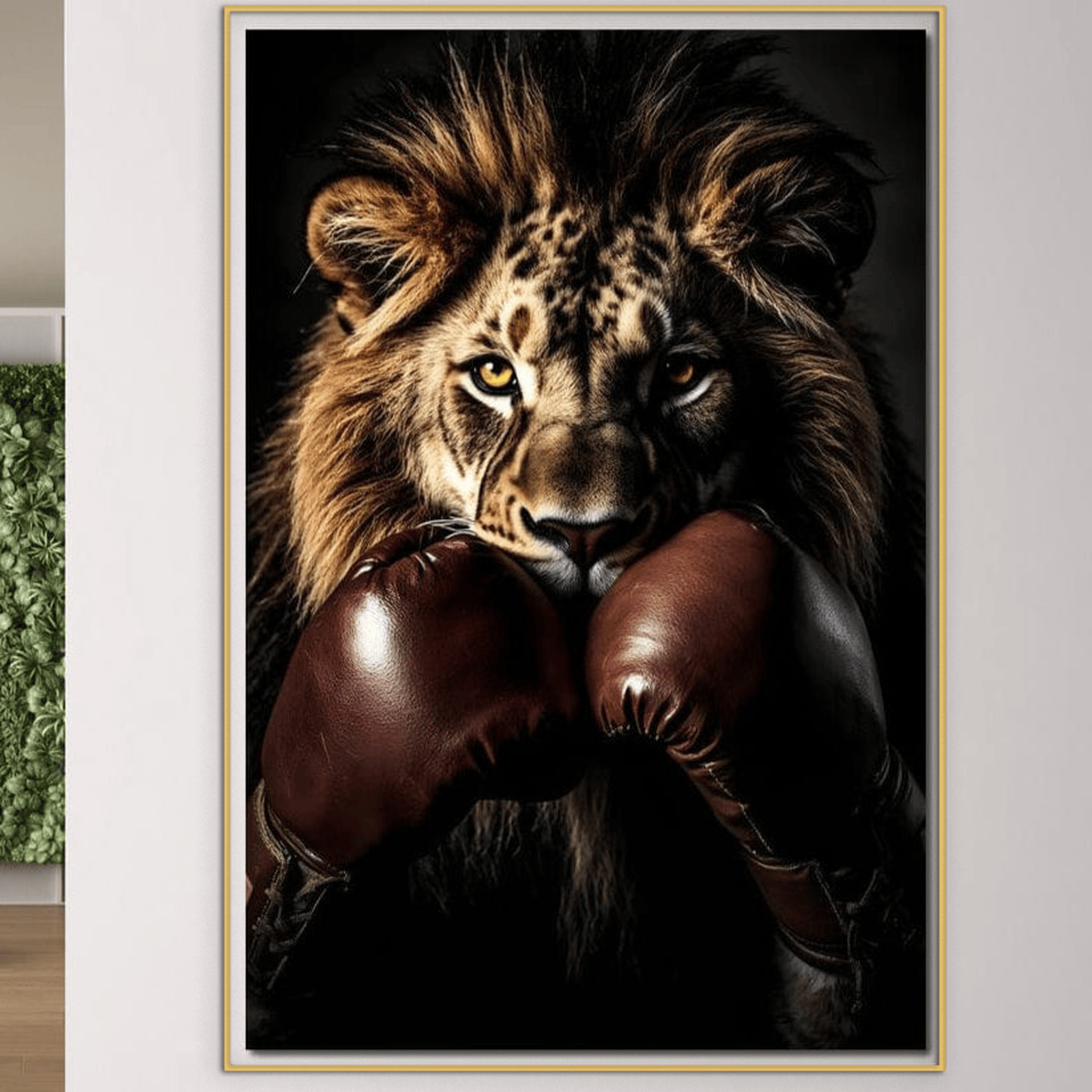 Tablou Canvas Premium, LuxCanva® M1361, Campionul Junglei, Leu, Box, Manusi, Ring, Sport, Trofeu, Forta, Victorie, Curaj, Rege, Adversar, Birou, Living, Camera Copil