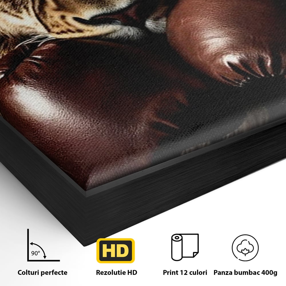 Detaliu al suprafetei: tablou canvas cu leu si manusi de box, in rama de aluminiu negru