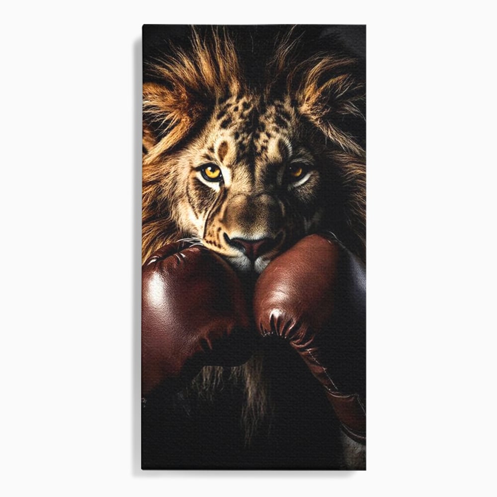 Tablou canvas cu tablou canvas cu leu si manusi de box, fara rama, pe sasiu de lemn