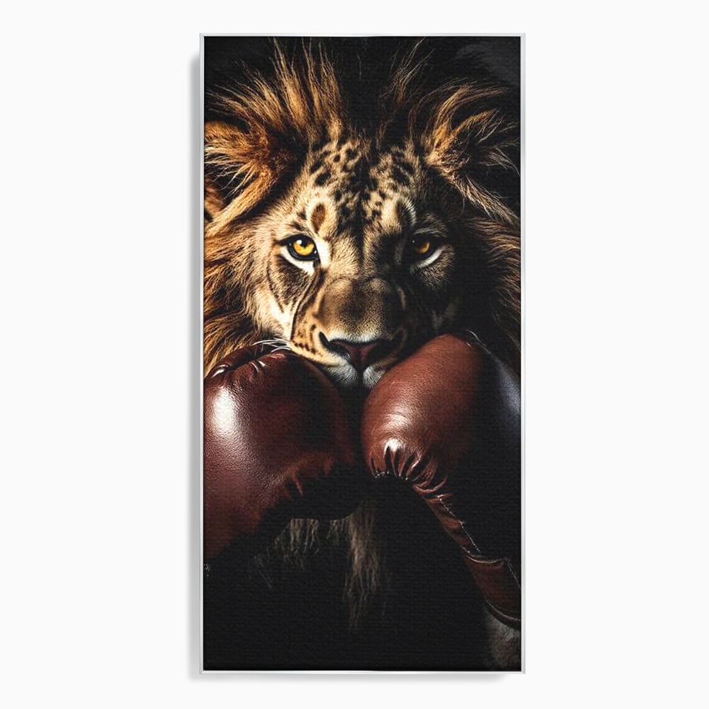 Tablou canvas cu tablou canvas cu leu si manusi de box, in rama de aluminiu argintiu
