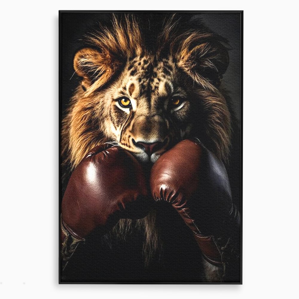 Tablou canvas cu tablou canvas cu leu si manusi de box, in rama de aluminiu negru