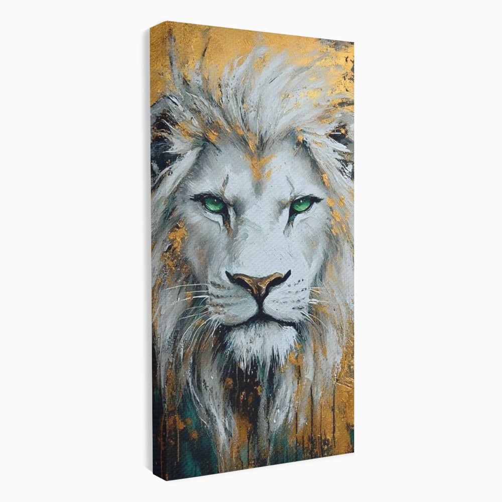 Tablou canvas cu tablou canvas cu leu alb si ochi verzi, fara rama, pe sasiu de lemn