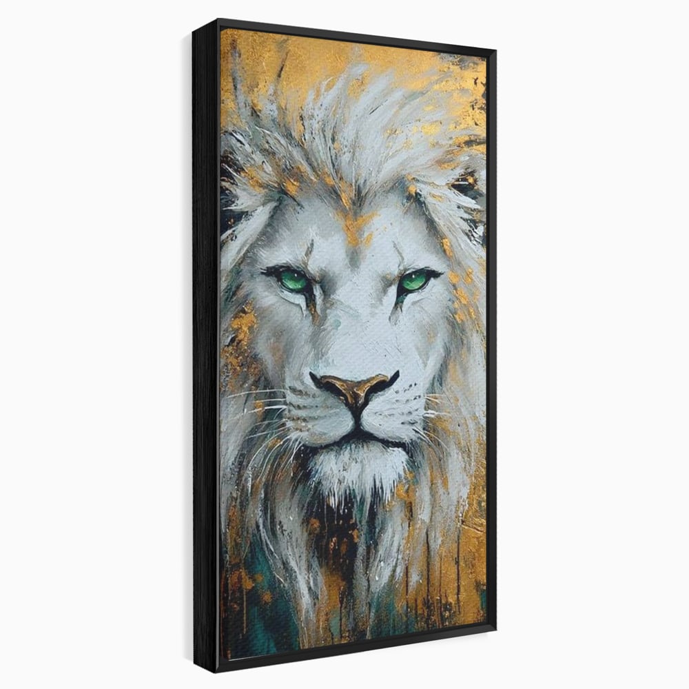 Tablou canvas cu tablou canvas cu leu alb si ochi verzi, in rama de aluminiu negru