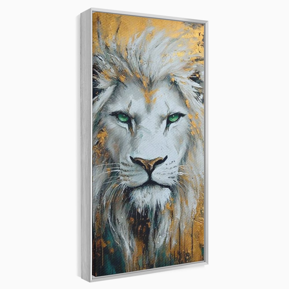 Tablou canvas cu tablou canvas cu leu alb si ochi verzi, in rama de aluminiu argintiu