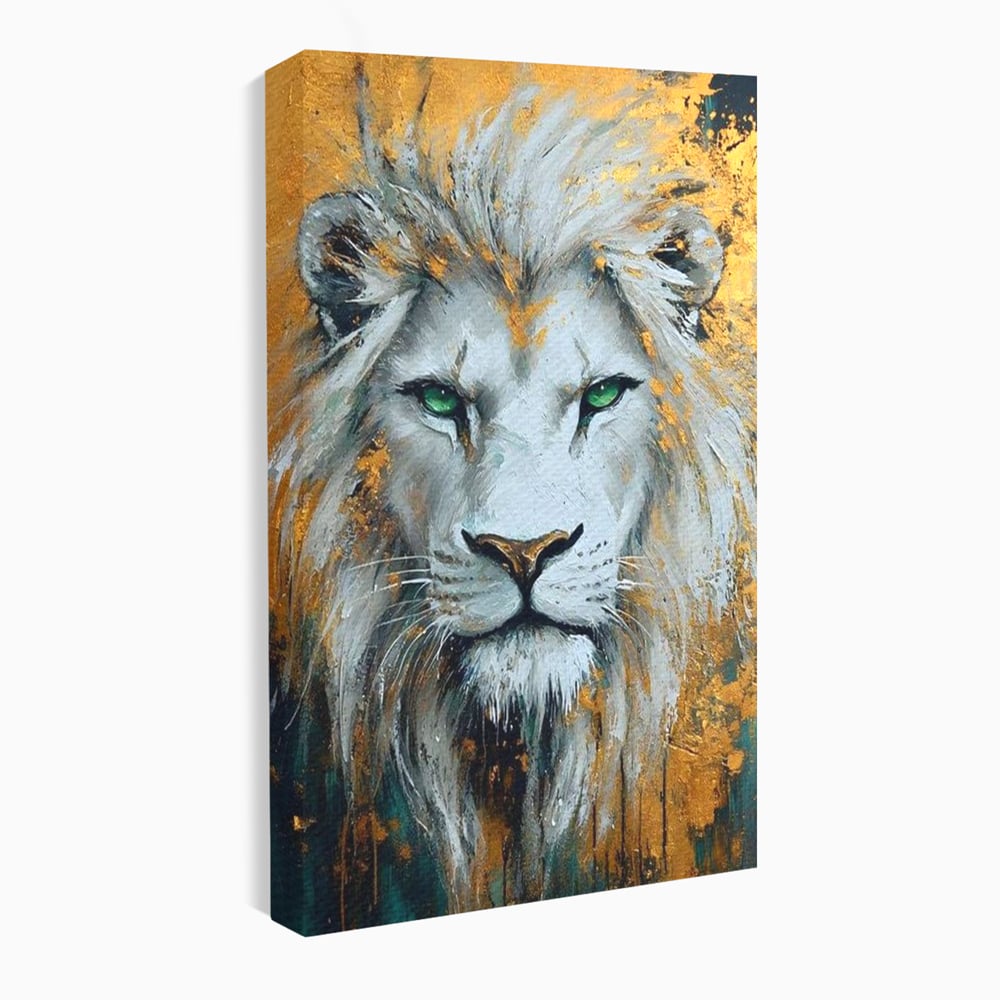 Tablou canvas cu tablou canvas cu leu alb si ochi verzi, fara rama, pe sasiu de lemn