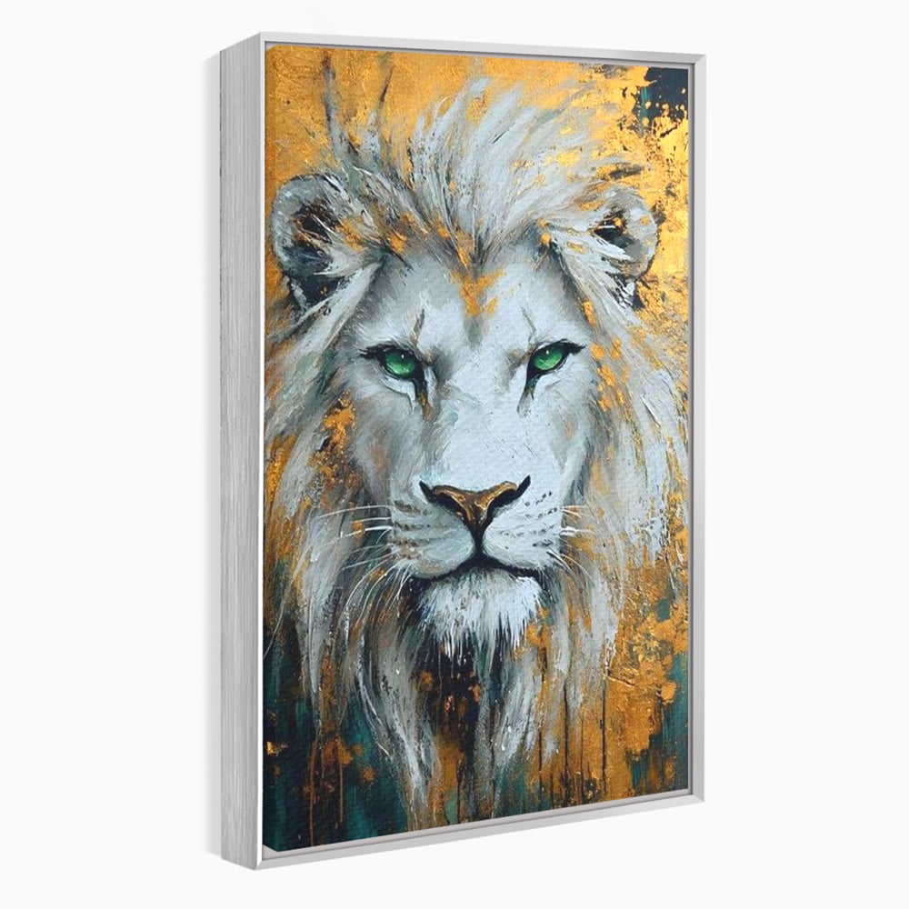 Tablou canvas cu tablou canvas cu leu alb si ochi verzi, in rama de aluminiu argintiu