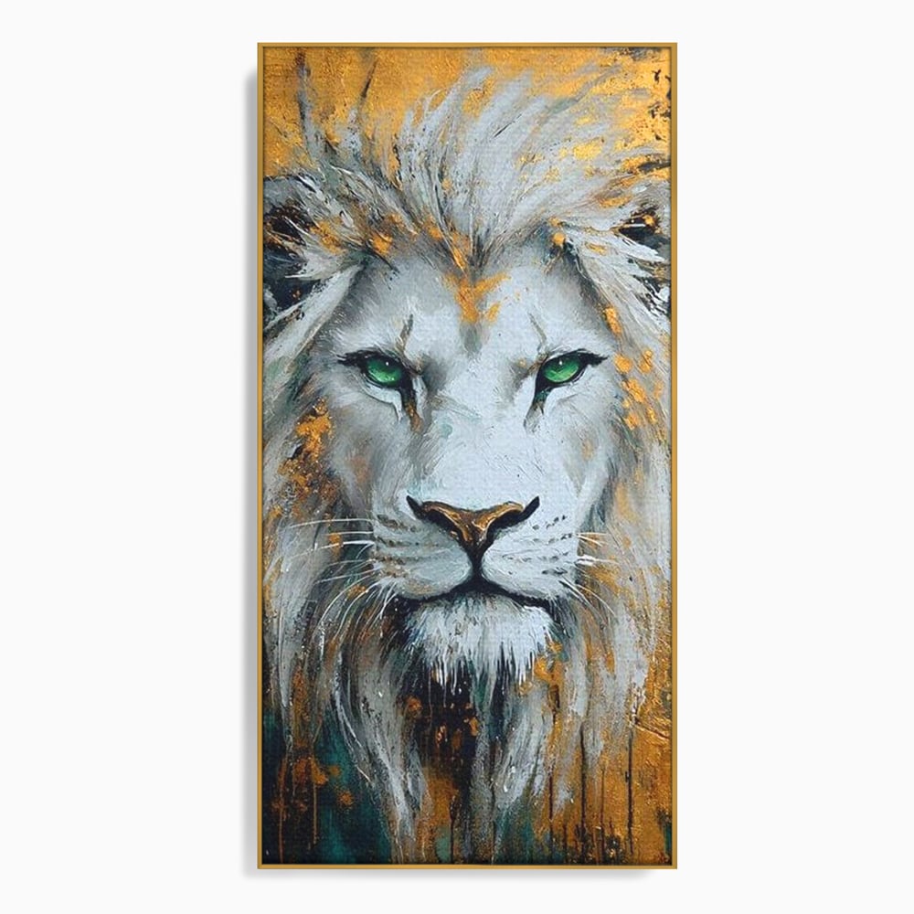 Tablou canvas cu tablou canvas cu leu alb si ochi verzi, in rama de aluminiu auriu
