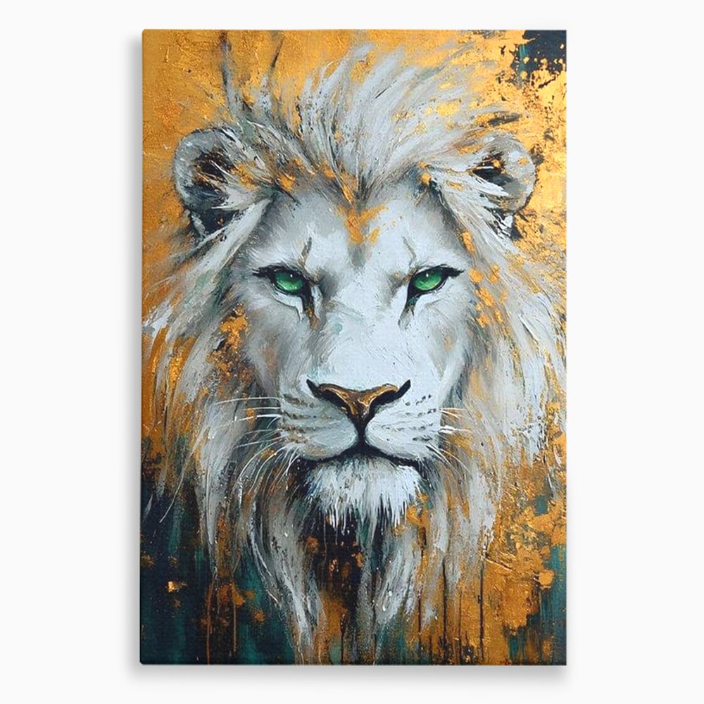 Tablou canvas cu tablou canvas cu leu alb si ochi verzi, fara rama, pe sasiu de lemn