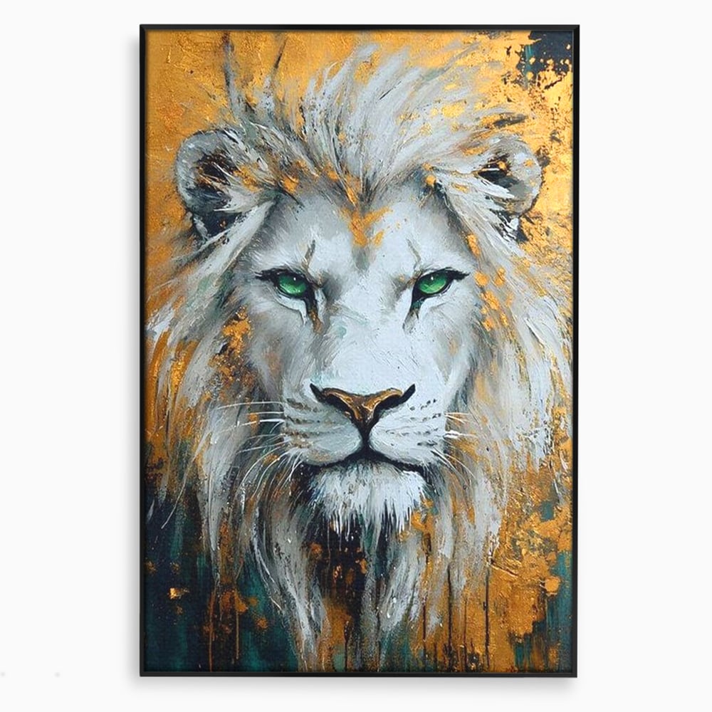 Tablou canvas cu tablou canvas cu leu alb si ochi verzi, in rama de aluminiu negru