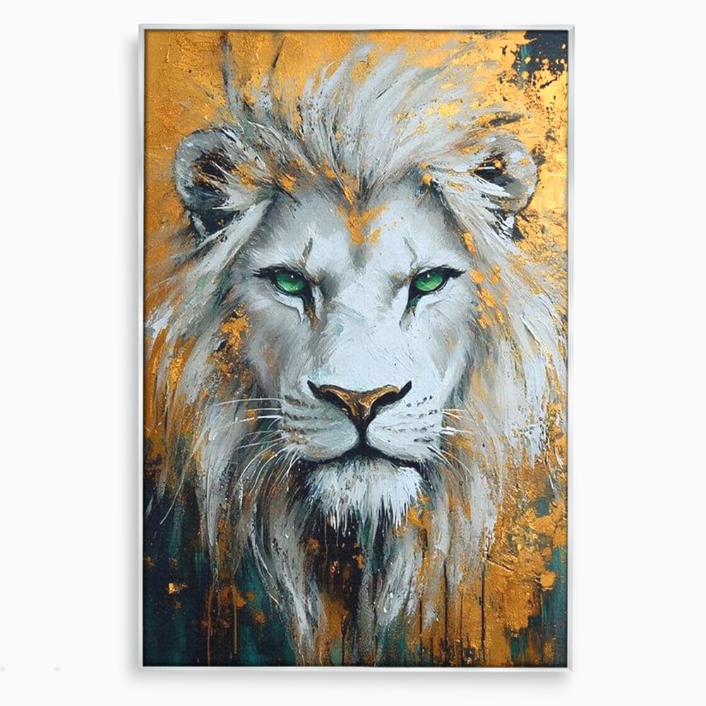 Tablou canvas cu tablou canvas cu leu alb si ochi verzi, in rama de aluminiu argintiu